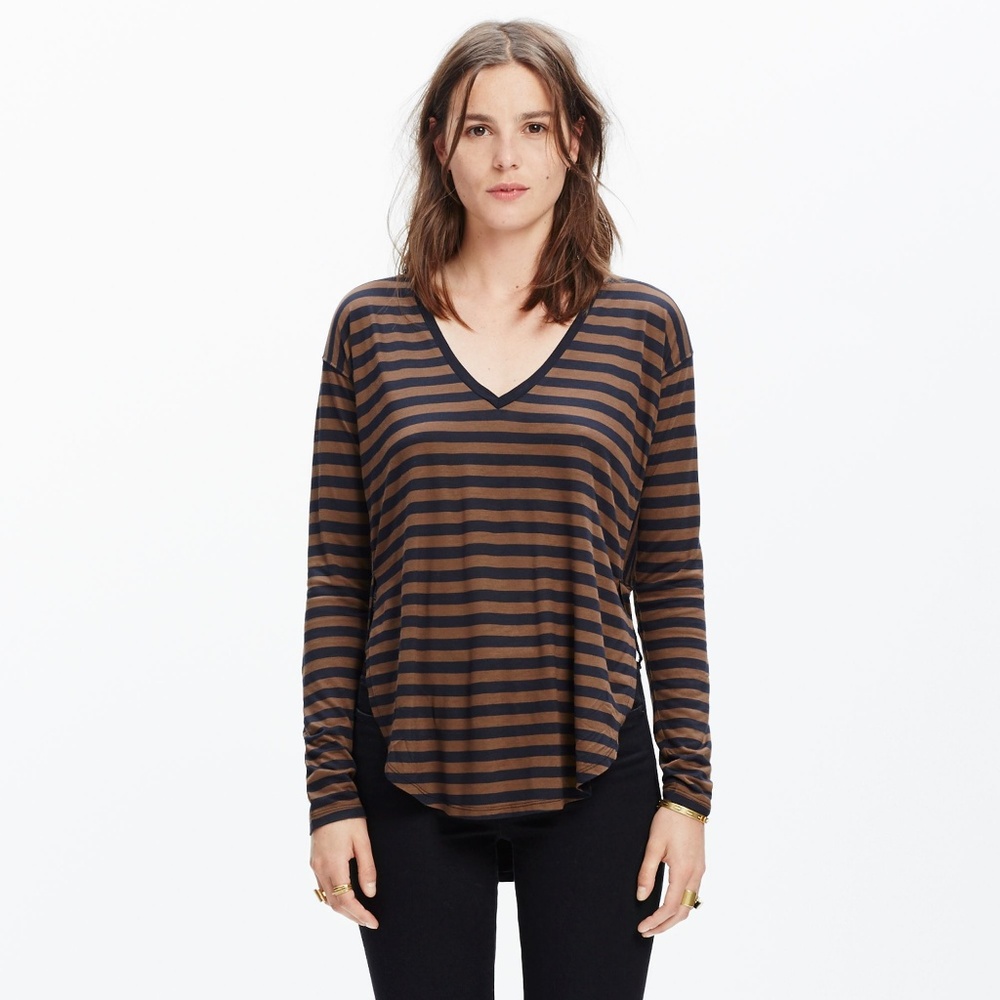 Madewell Brown and Black Stripe VNeck Long Slv Tee